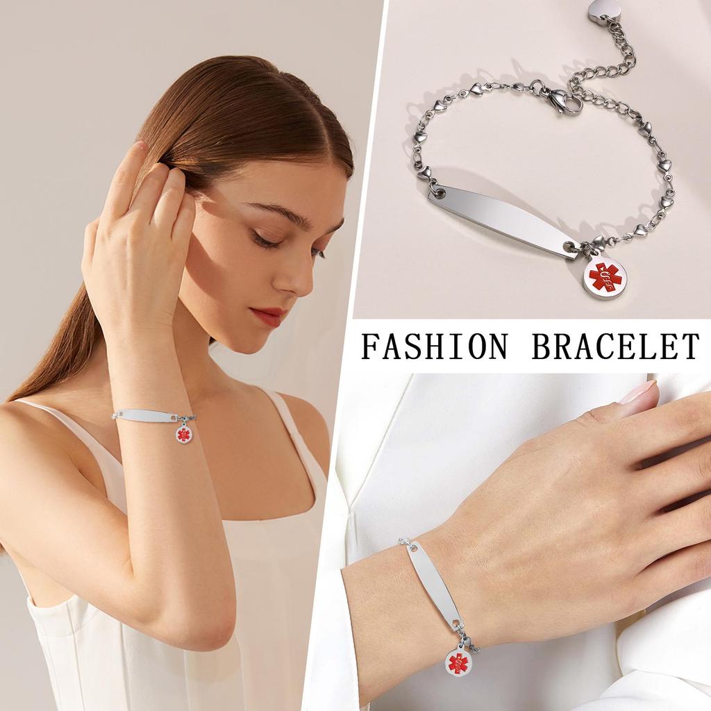 Bracciale ID di Allerta Medica Smaltato Personalizzato Acciaio Inossidabile Maglia Rolo Braccialetto Sottile per Donne Regolabile 7.6"
