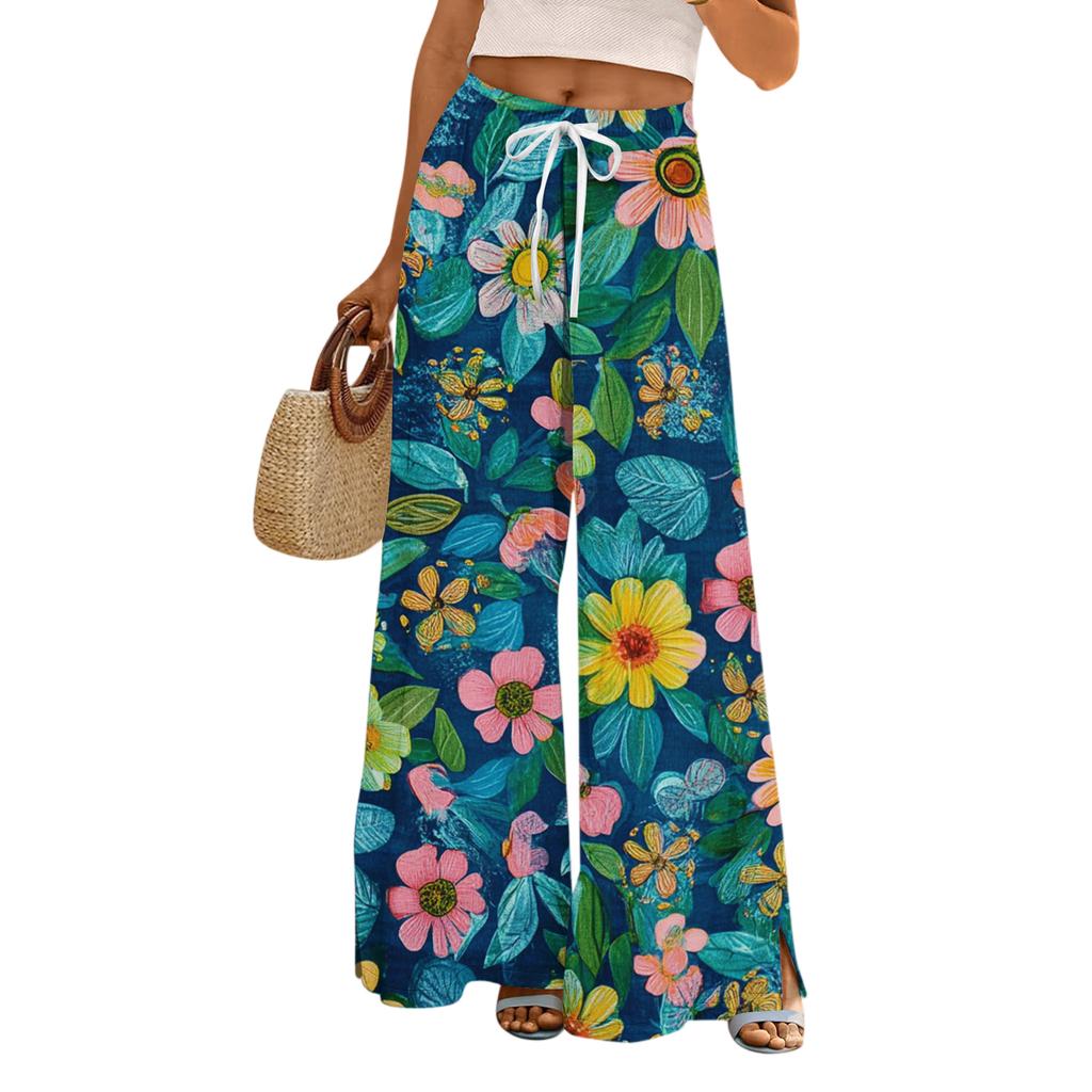 Women's Loose Casual Floral Print Wide Leg Pants With Elastic Waist Drawstring And Pocket Pants