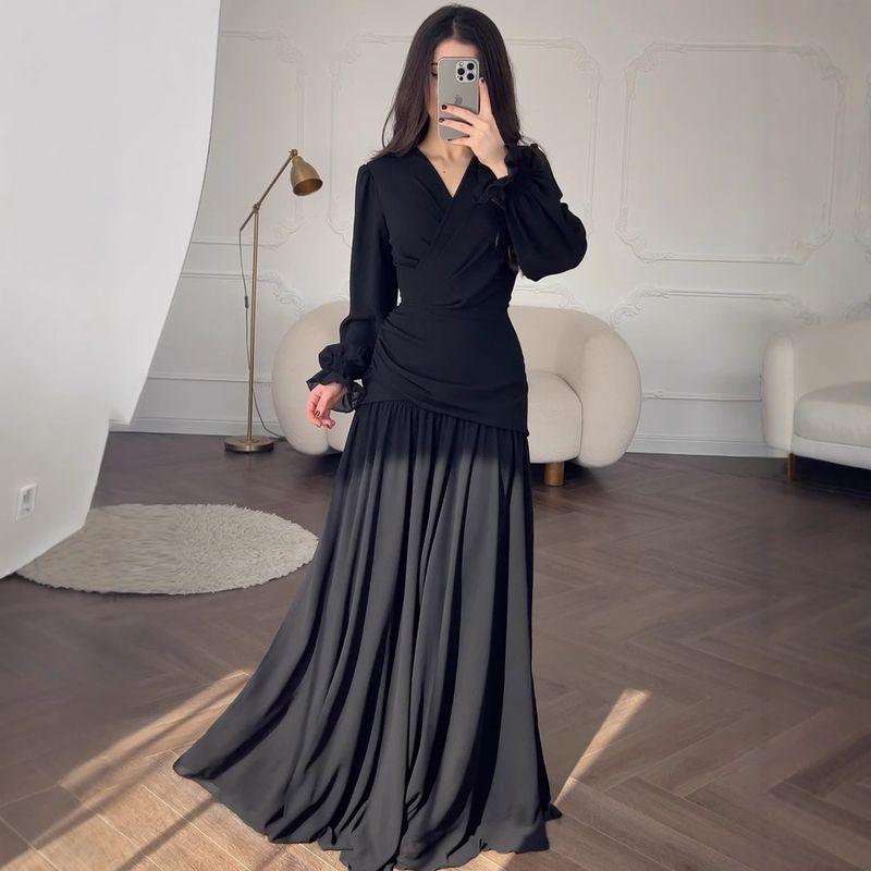 European and American Design Sense Chiffon Black Long Temperament Dress Women