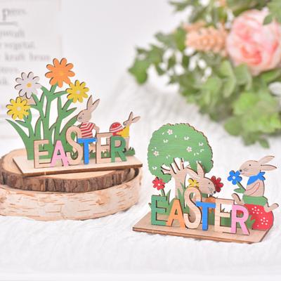 Easter Ornament Wooden Rabbit Floral Letter Decor Rich Colors Smooth Edge Exquisite DIY Artwork Desktop Decoration Gift Photo Prop Ornament