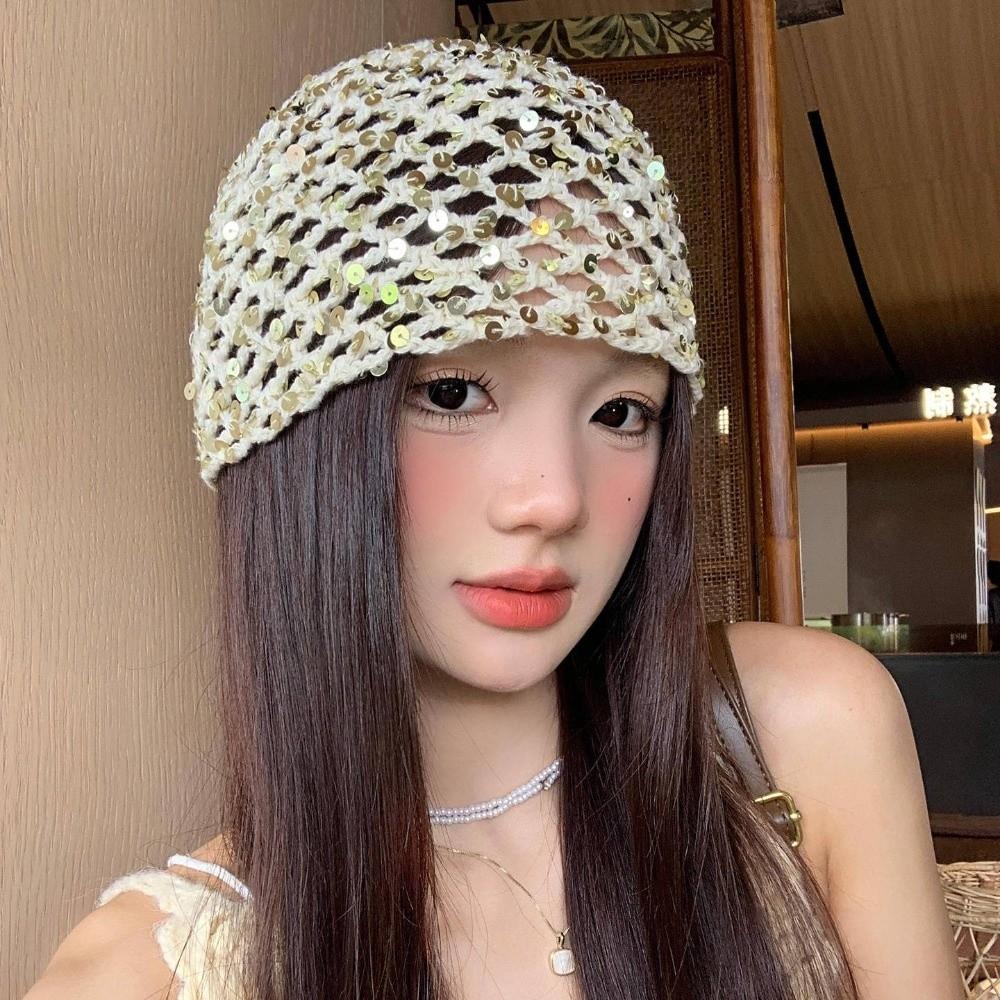 Hollow Sequin Bucket Hat Y2k Beanie Hats Retro Sequin Woven Cap  Spicy Girls