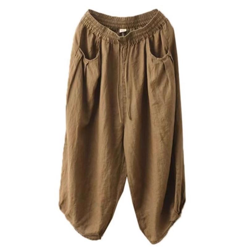 Johnature Women Harem Pants Elastic Waist Pockets Belt Trousers Summer Solid Color Loose Female Calf Length Pants