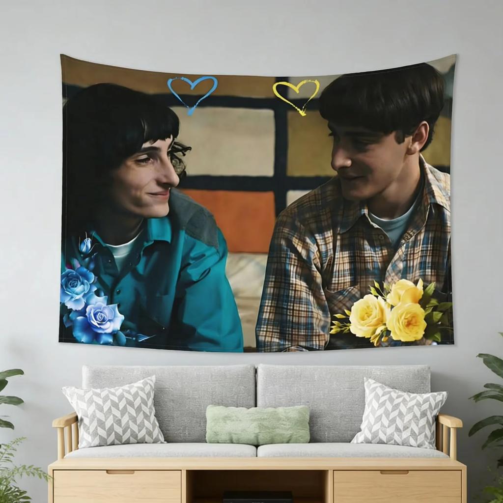 Byler Couple Official Fan Art Tapestry Retro Aesthetic with Floral Heart Accents for Stranger Things Shipper Room
