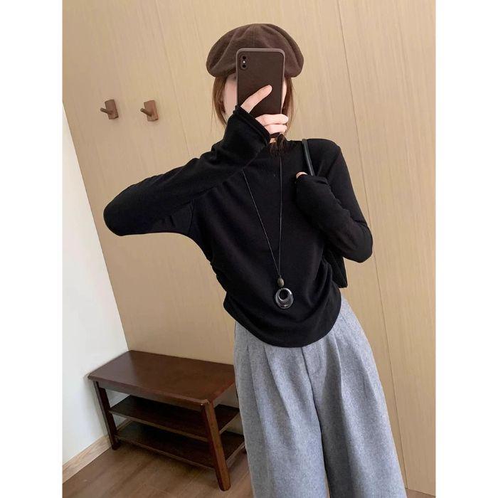 

Женская футболка с высоким воротом и начесом, базовый слой, плиссированная талия, длинный рукав, для осени/зимы Small