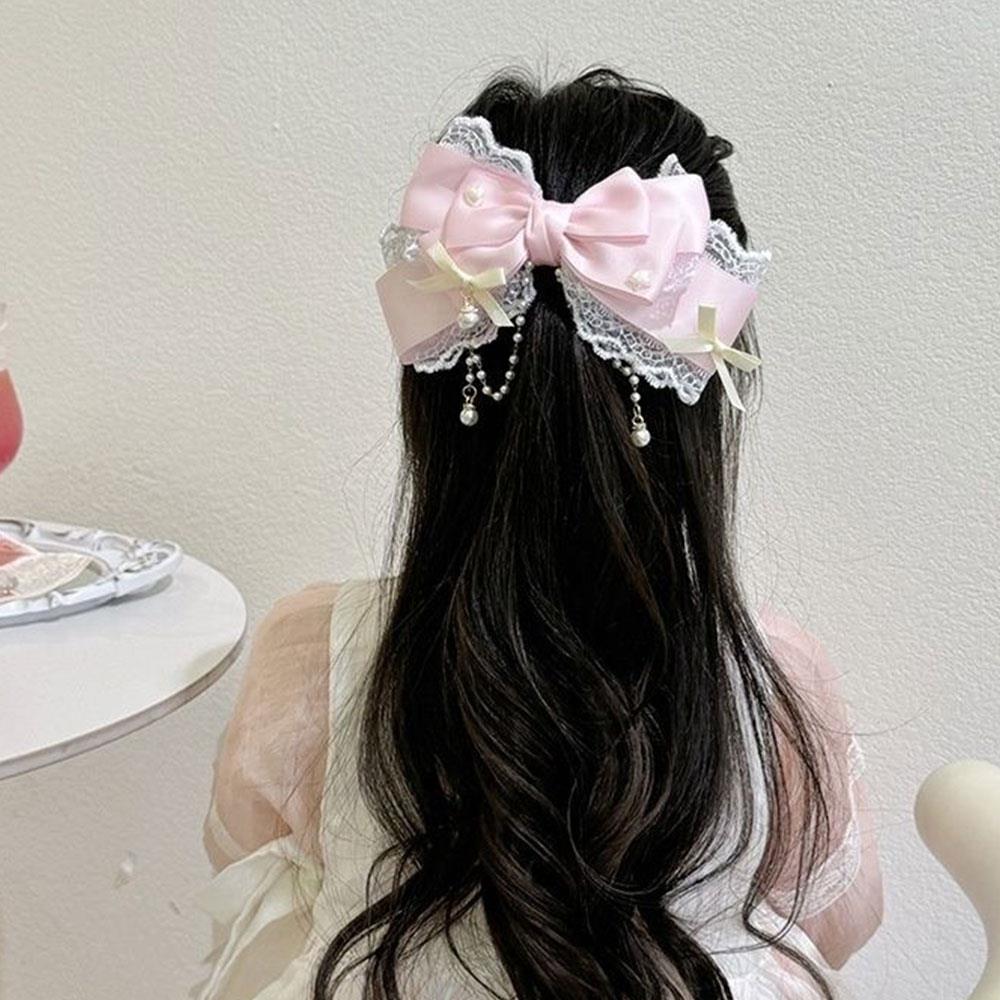 New Lolita Lace Pearl Chain Bow Headpiece Large Lace Ribbon Bow Hair Clip Exquisite Princess Headwear Hair Clip Hair Accessories