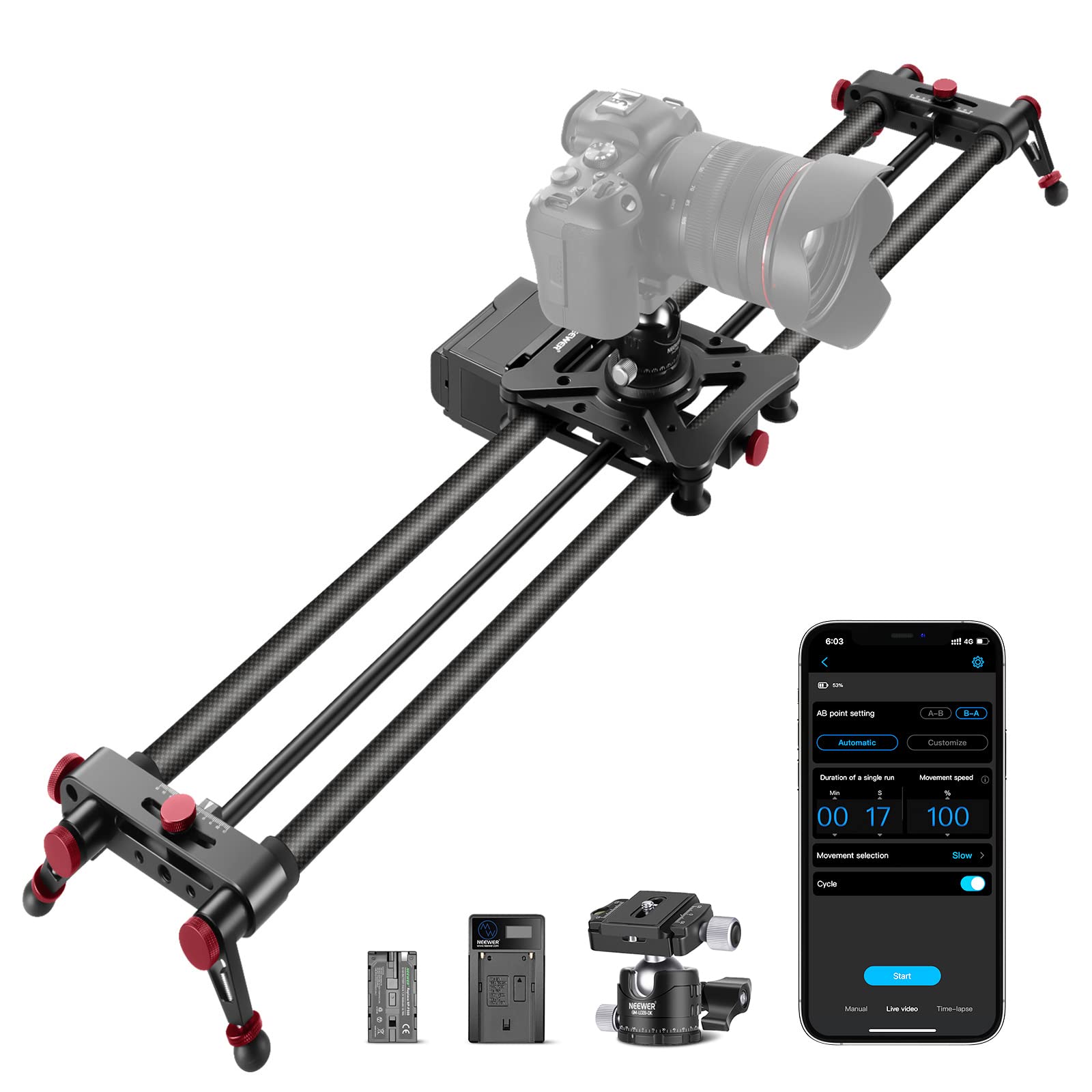 

NEEWER Motorized Camera Slider with App Wireless Carbon Fiber Dolly Rail Camera Slider with Video Time and Panoramic Photography 31.5 /80cm Control, чёрный