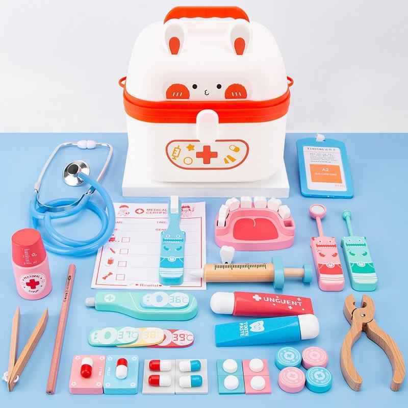 Children's Wooden Play Simulation Plastic Box Medicine Box Suit Medical Toys