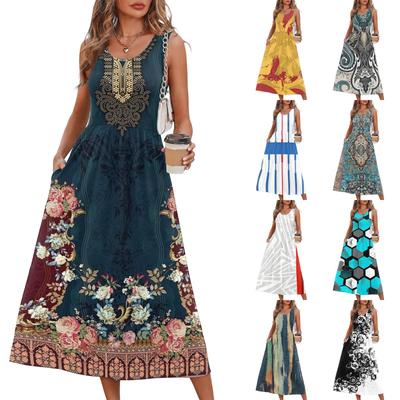 Bezrękawnikowa Sukienka Maxi dla Kobiet Bohemian Kwiatowy Wzór Casual Luźny Krój Długa Letnia Sukienka z Kieszeniami