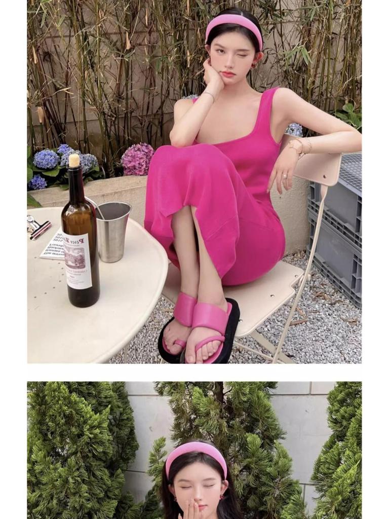 Elegant 2025 Pink Strappy Knit Midi Dress - Cinched Waist, Hip-Hugging Women's Summer Style