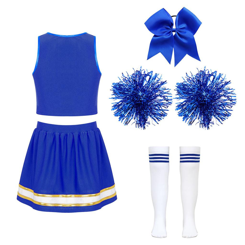 Girls Cheerleading Outfit Sleeveless V Neck Letter Print Crop Top Elastic Waist Skirt Bowknot Headwear Hand Flowers Socks