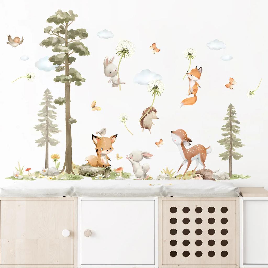 Cartoon Forest Big Tree Animals Wall Stickers Hedgehog Dandelion Decals for Children's Room Baby Bedroom Home Wall Decoration