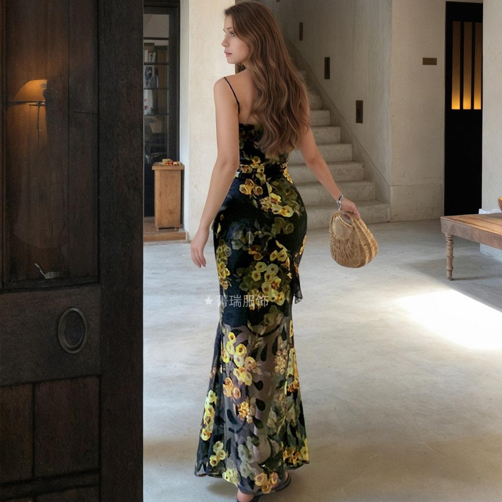 Damen Sommer Neckholder Französisches Netz Druck Ärmelloses Kleid mit Rüschenkante