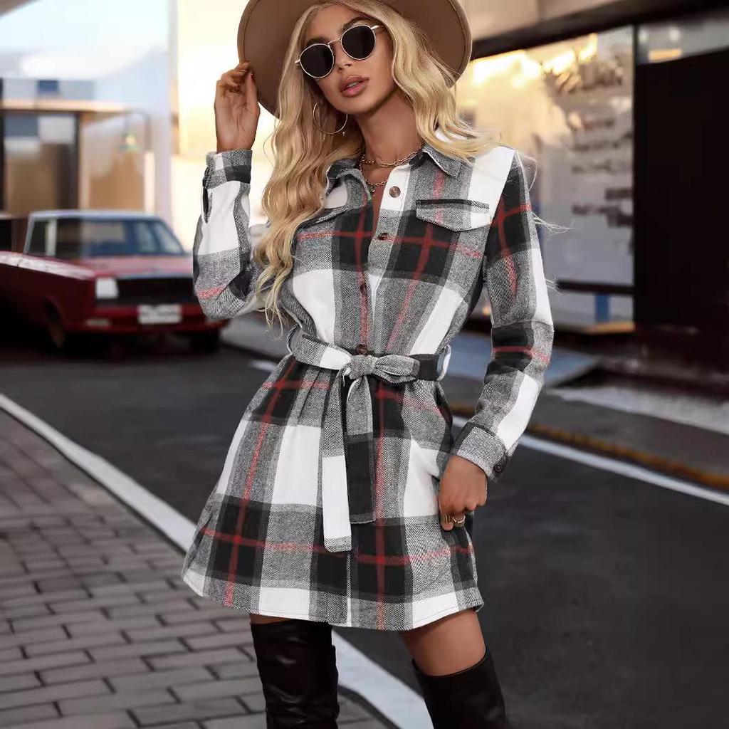 Elegante Vestito a Quadri Strisciati a Maniche Lunghe da Donna - Moda Primavera/Autunno