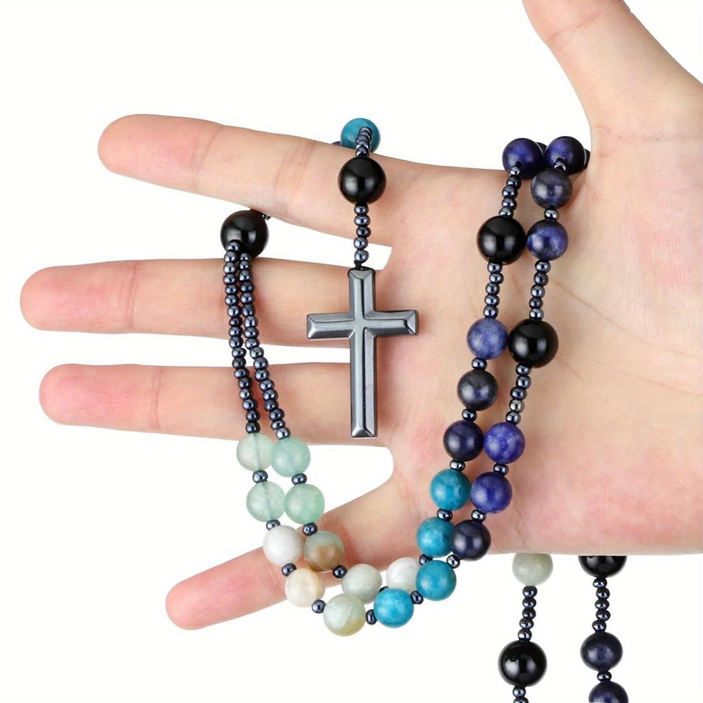 Natural Amazonite Stone Rosary Blue Apatite Black Agate Beads Necklace Hematite Cross Pendant Meditation Blessing Jewelry