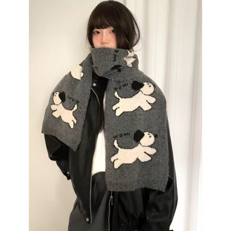 New Japanese All Match Cute Cartoon Puppy Wool Knitted Scarf for Women Korean Version Autumn and Winter Warm Scarf To Protect Against Cold