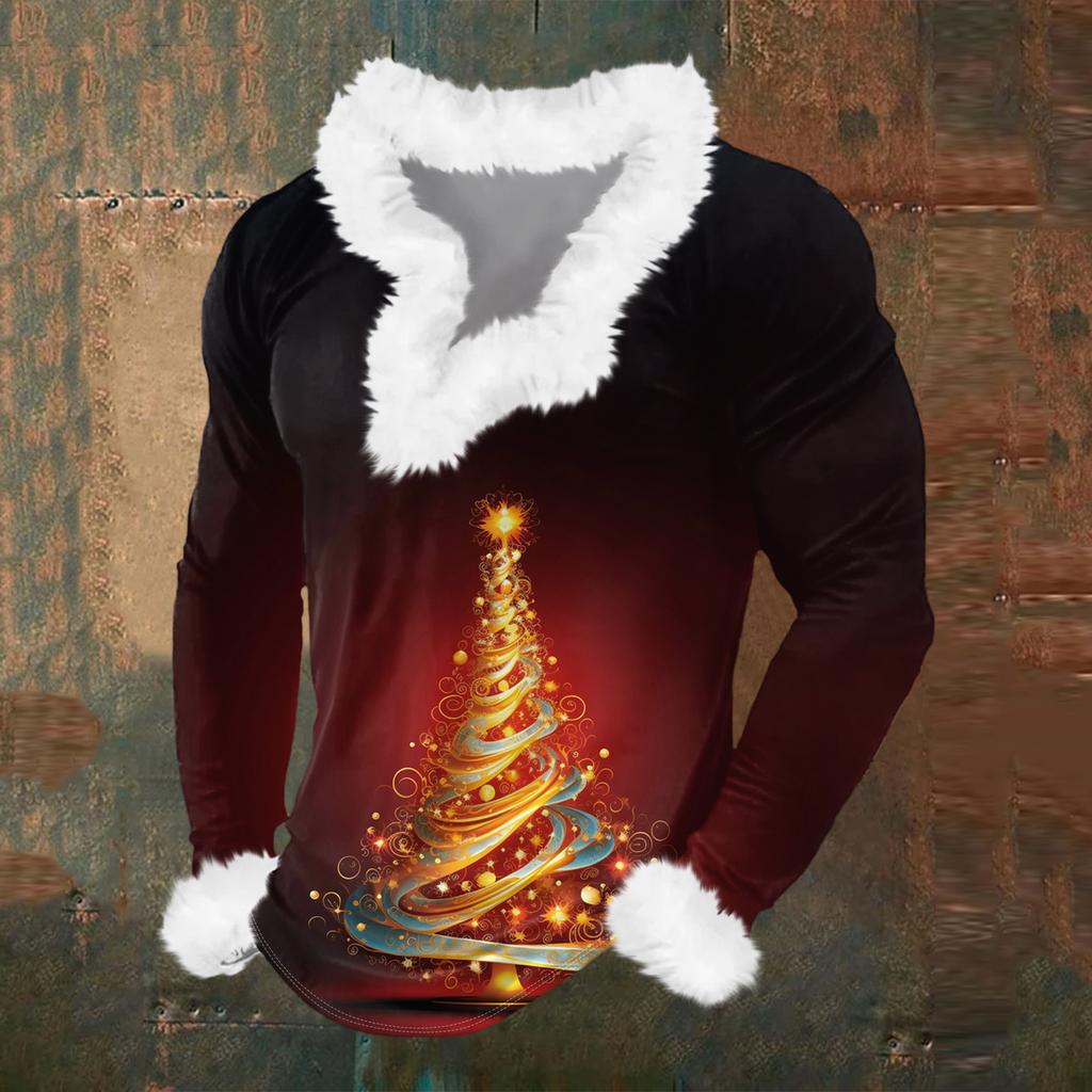 Męska bluza z kapturem z nadrukiem świątecznym, podszyta polarem | Sweter imprezowy z imitacją obszycia i kieszenią | Duży rozmiar, luźny krój, świąteczny pulower