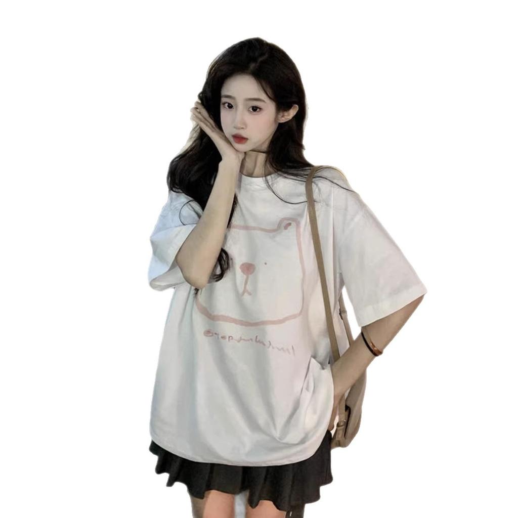 Large Size Fat MM Lazy Hong Kong Style Bear Print Short-sleeved T-shirt Women's Pure Cotton Loose Medium and Long Front Shoulder Couple Top