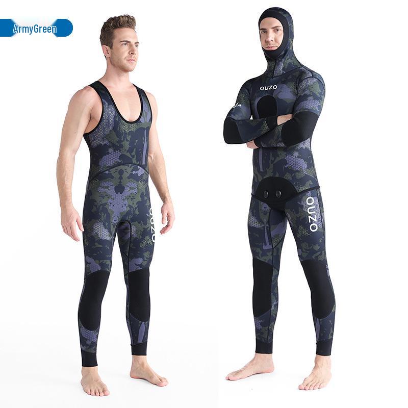In-Stock Men's 1.5mm Two-Piece Hooded Spearfishing Wetsuit for Cold-Proof Freediving, Swimming, Surfing, and Diving