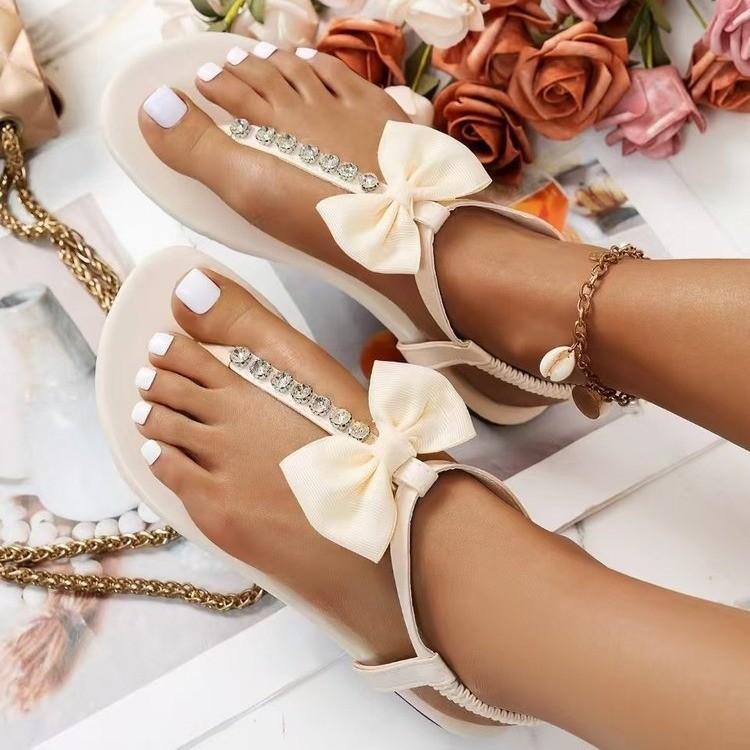 Roman sandals women's flat bottom spring 2025 new pearl bow toe women's shoes retro Roman shoes