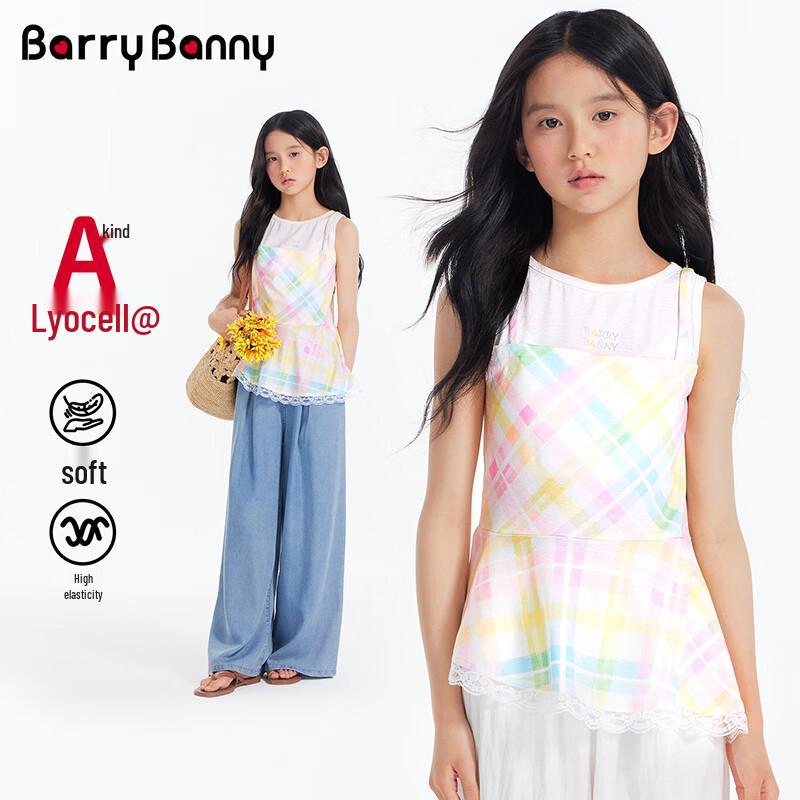 BARRY BANNY Girls Rainbow Plaid Sleeveless Lace T-Shirt 130