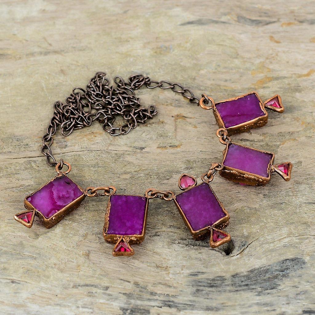Rosa Druzy Halskette Rosa Turmalin Rohe Halskette Galvanogeformte Kupfer Halskette Verstellbare Kette Halskette Galvanogeformter Edelstein Schmuck