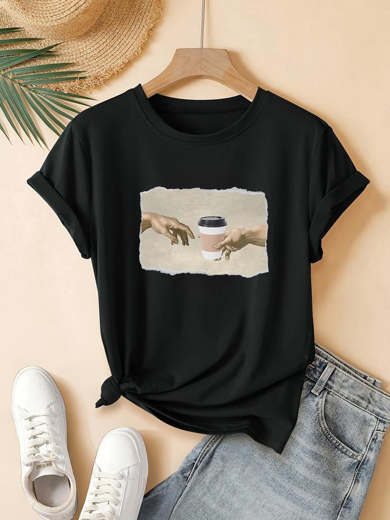 Womens Casual Graphic TShirt Short Sleeve Round Neck Summer with Coffee Cup and Hand Design Printed Casual Women Clothing