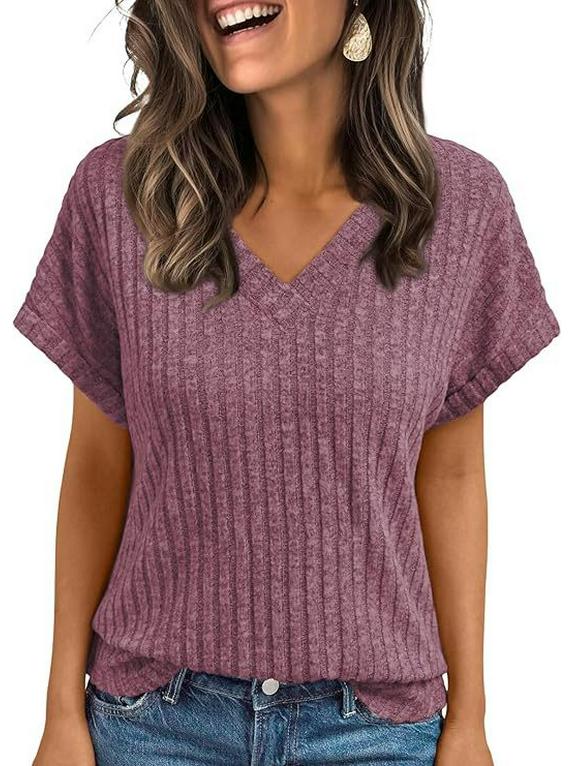 Europäische & Amerikanische Damen Sommer V-Ausschnitt Kurzarm Lässiger Pullover T-Shirt 2025