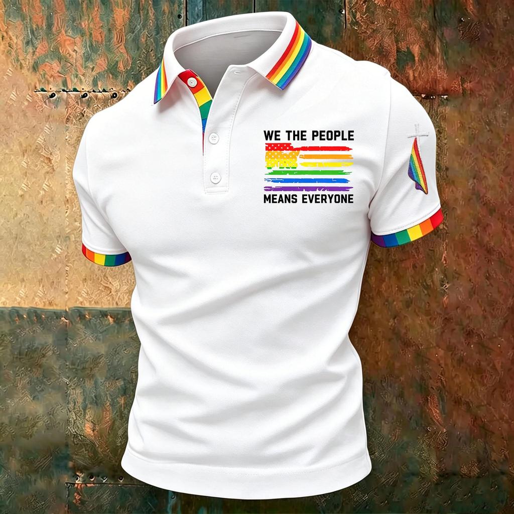 Men's Casual Polo Shirt Short Sleeve Gradient Print Classic Fit Button Down Collar Soft Breathable Fabric Top