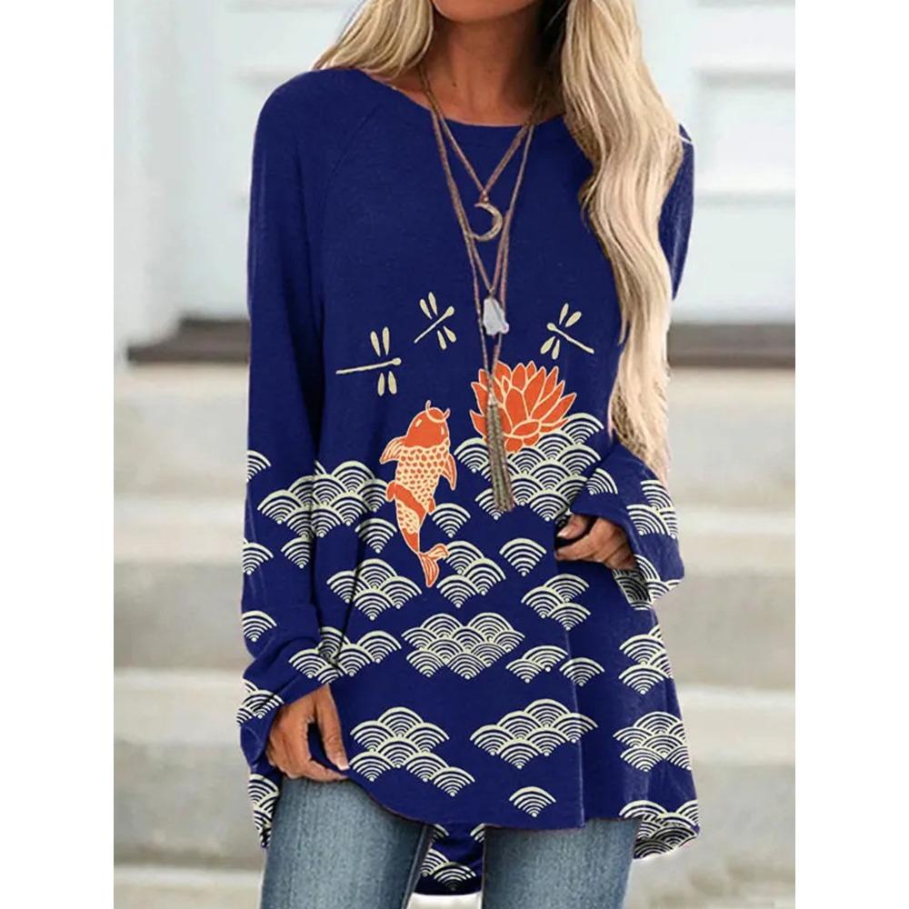 Large-sized Seaside Sunset 3D Printed Women's Round Neck Long Sleeve T-shirt Autumn Fashion Elegant Women's T-shirt Outdoor Casual Loose Top