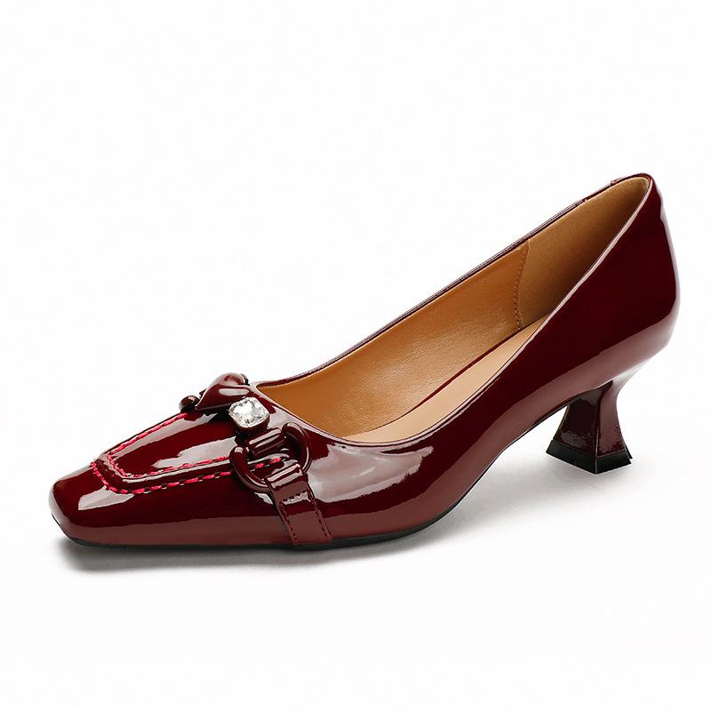 Square head single shoes shallow mouth women's shoes new patent leather red wedding shoes niche temperament high heels women's stiletto