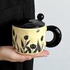Retro Flower Ceramic Mug with Lid Spoon Premium Sense Drinking Cup Couple Gift Household Coffee Milk Mug