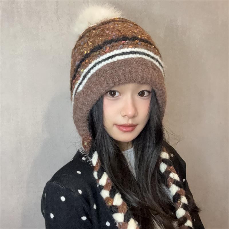 Color Matching Knitted Braided Ear Protection Warm Lei Feng Hat Women's Winter New Big Head Circumference Wool Hat Tide