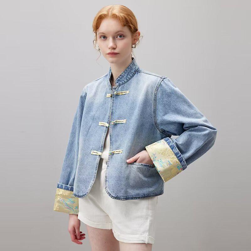 

Джинсовая куртка с вышивкой дракона и пуговицами-лягушками - Унисекс Ретро Костюм Тан Small