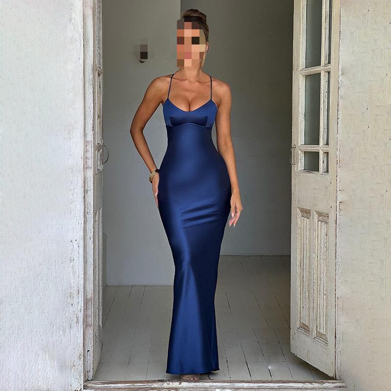 European and American Summer Temperament Sexy Suspender High Elasticity Satin Backless Strap Slim Long Dress