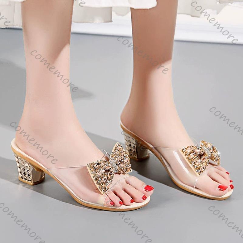 Comemore New Summer Outside Wear Versatile Medium Thick Heel Slippers Women's Shoes Casual Rhinestone Bow Flip Flops Ladies Shoe
