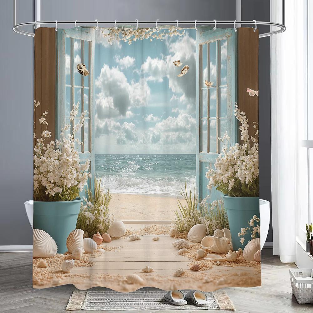Tenda da Doccia Floreale Stella Marina Conchiglia Ocean Beach, Tenda da Doccia Decorativa per Bagno, Tenda da Doccia Impermeabile con Ganci