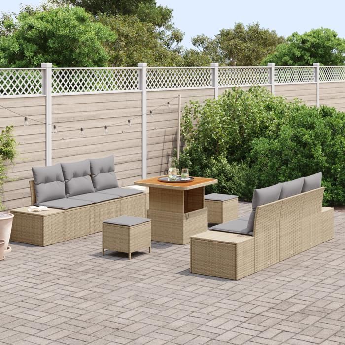 Ensemble de 9 pièces de canapés de jardin avec coussins beige en poly rattan, Sofa de jardin 2 places avec coussins beige 3362737