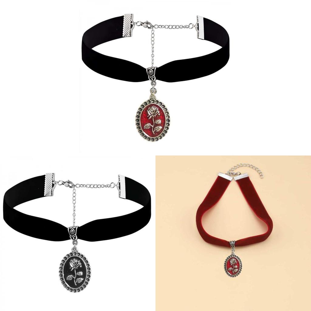 Goth Black Rose Pendant Necklace With Geometric Alloy Chain For Womens Fashion Accessories