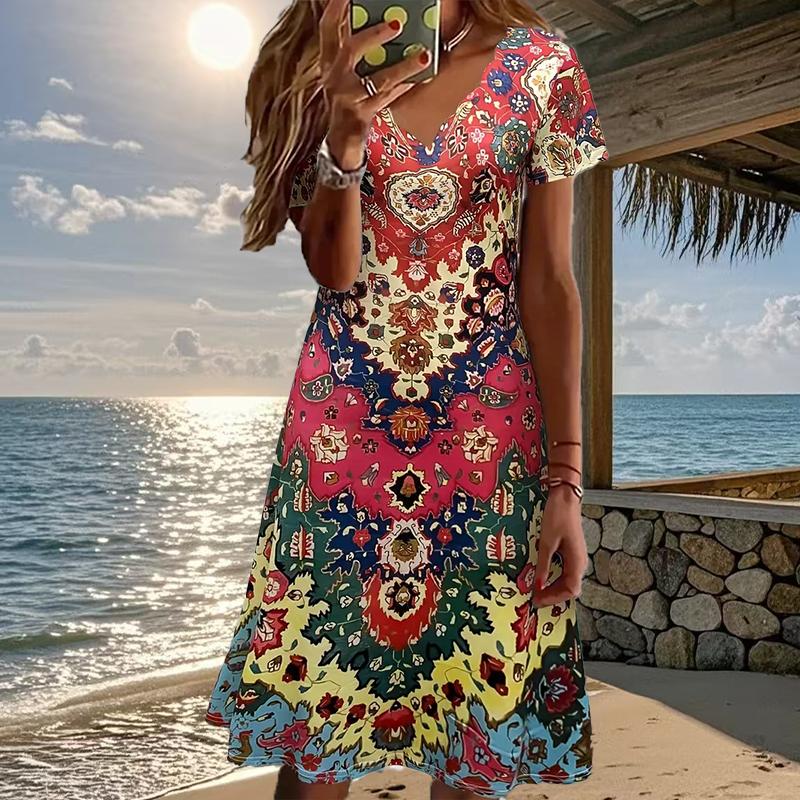 Summer Fashion Women's V Neck Short Sleeve Flower Printed  Dress Sex Short Skirt Dresses