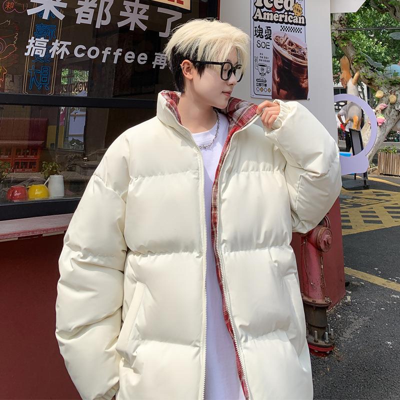 Unisex Reversible Puffer Jacket Oversized, Two Sided Solid & Plaid Warm Winter Zip Coat Stand Collar Streetwear Outerwear