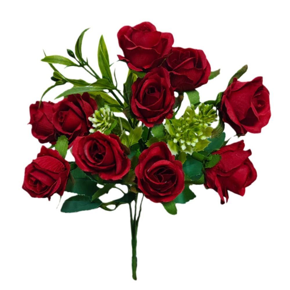 10 Heads Rose Artifcial Flower Green Leaves Multicolor Faux Flower Rose Photo Props Desktop Ornament Simulation Rose Flower