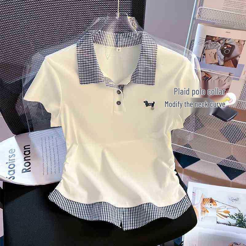 Camiseta de Manga Corta a Cuadros con Solapa para Mujer Talla Grande - Top de Moda Estilo Universitario Adelgazante Verano 2025