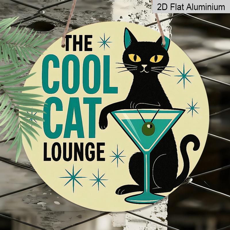 [Cool Cat Lounge Sign] 2D Flat, 2D Flat Metal Sign-The Cool Cat Lounge, Black Cat with Martini Glass Design, Yellow Background with Blue Stars