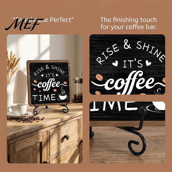 Wooden Coffee Bean Decor Bar Sign with Iron Stand, Vintage Black & White Cafe Desktop Display Stand Wall Art, Rustic Tabletop or Hanging Frame