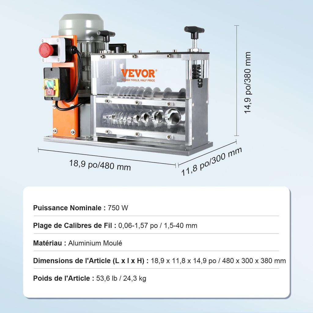 Automatic Wire Stripping Machine, 0.06''-1.57'' Electric Motorized Cable Stripper, 750 W, 98 Ft/min Wire Peeler with Visible Stripping Depth