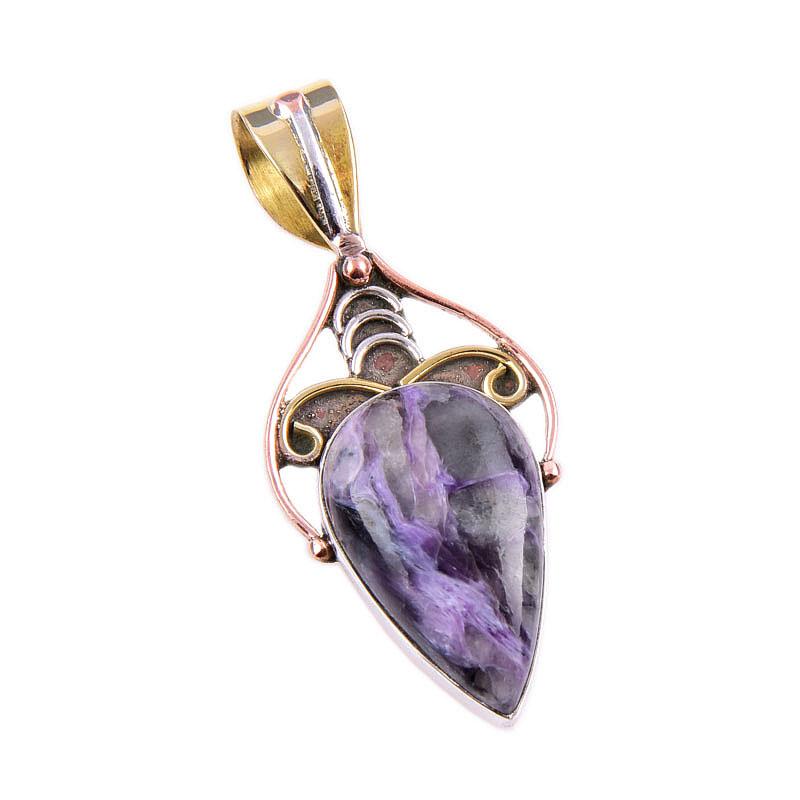 Natural Charoite Gemstone 925 Solid Sterling Silver Two Tone Pendant 1.5" u0G96