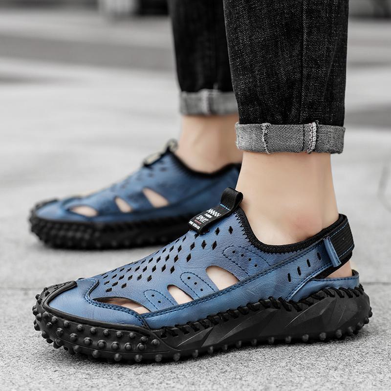 Kvėpuojantys, minkšti vyriški, natūralios odos rankiniu būdu susiuvami sandalai