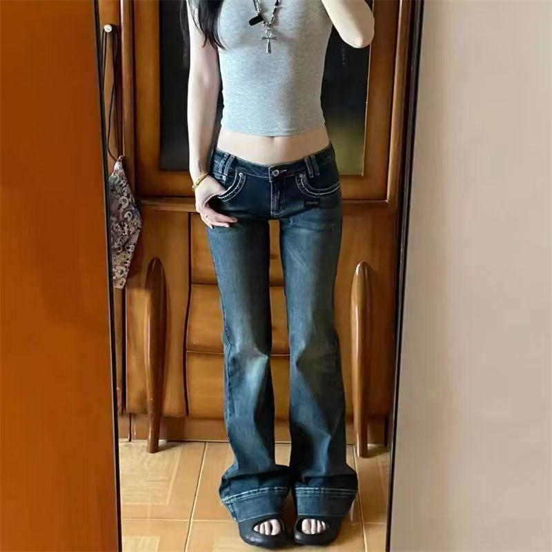 Jeans de Campana Retro Ajustados y Desgastados de Tiro Bajo para Mujer - Petites, Pierna Estrecha Versátil, Largo hasta el Suelo