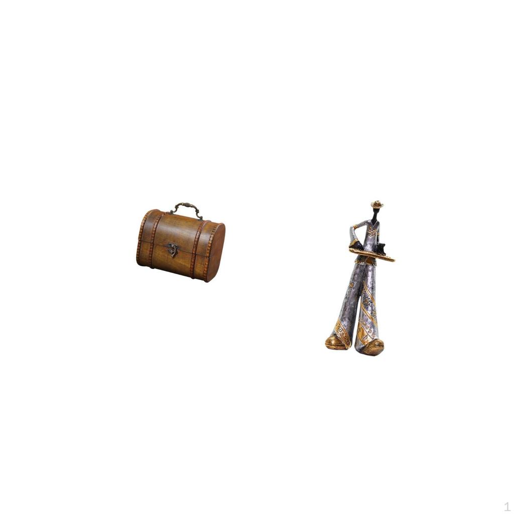 Vintage Wooden Jewelry Box Organizer with Resin Musician Statue Figurine Decorative Storage Chest