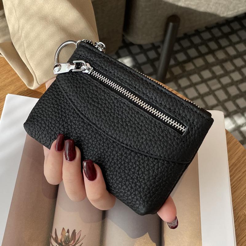 Change Bag Women's Short Small and Thin Zipper Change Bag New First-layer Cowhide Coin Key Storage